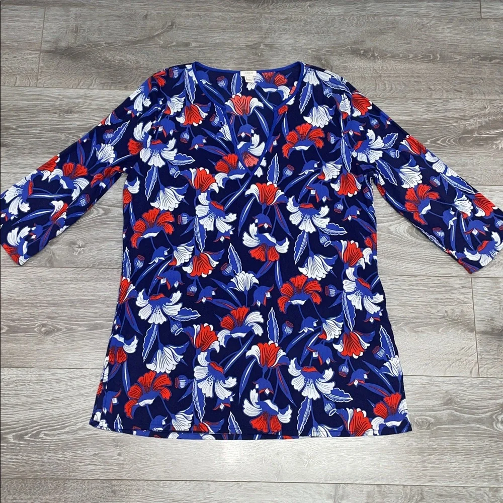J. Crew Cotton Gauze Tunic V-neck 3/4 Sleeve Floral Print Cover-Up XL